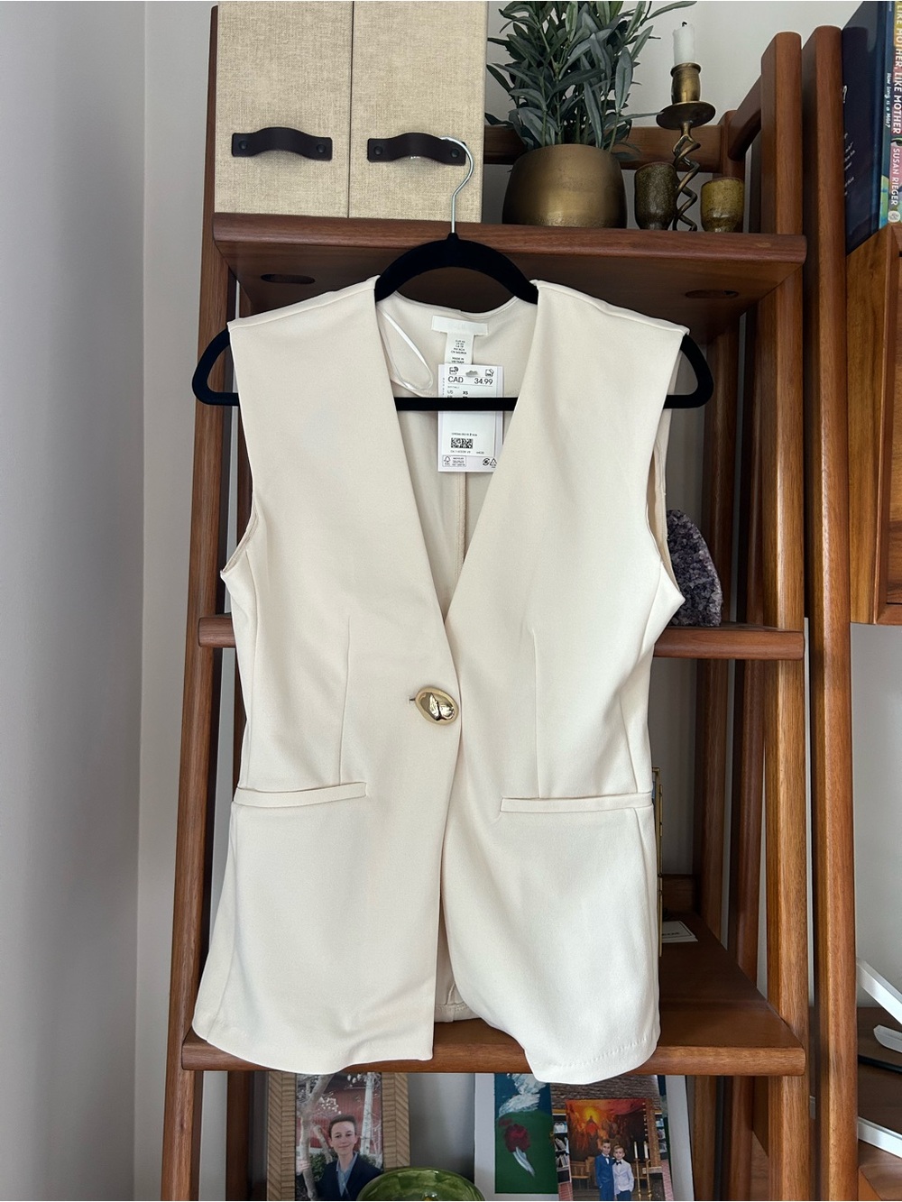 H&M Cream Sleeveless Blazer with Gold Button